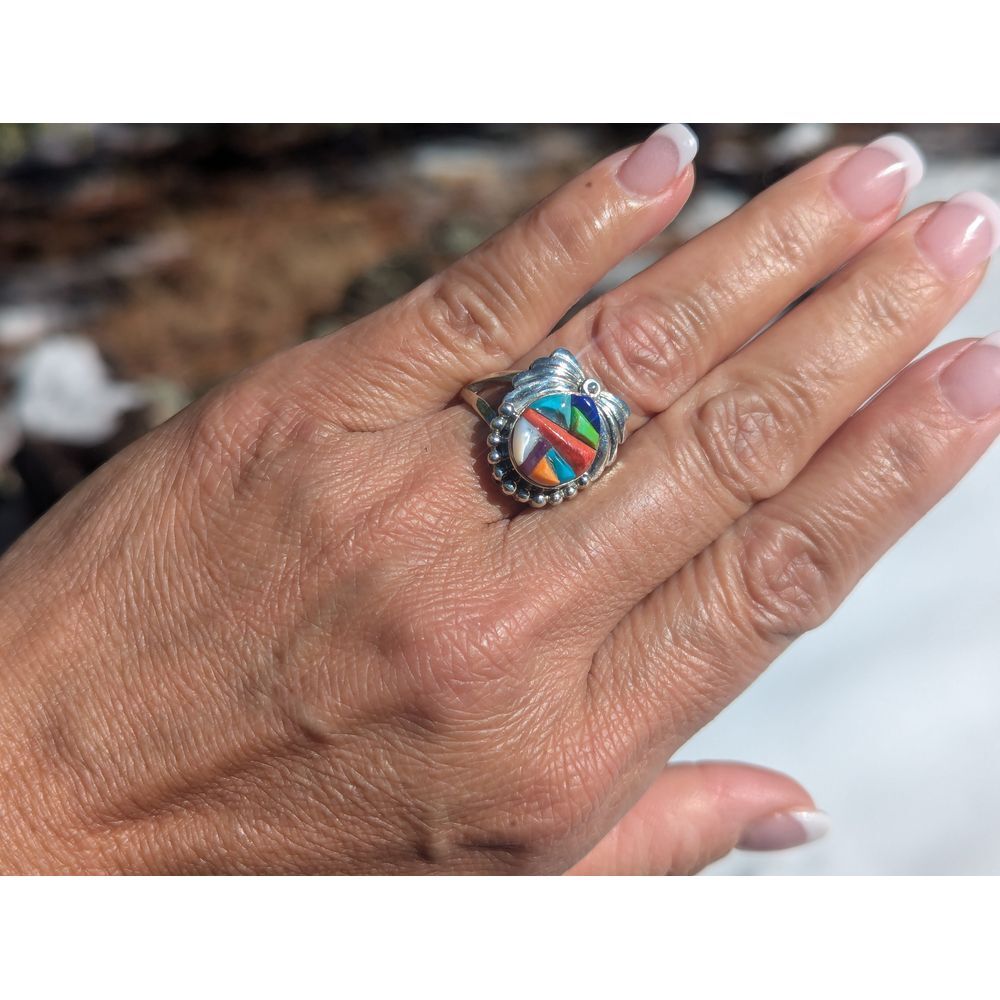 Navajo Raised Mosaic Mutlti stones‎ Ring Native American Jewelry Sz 8.25US**